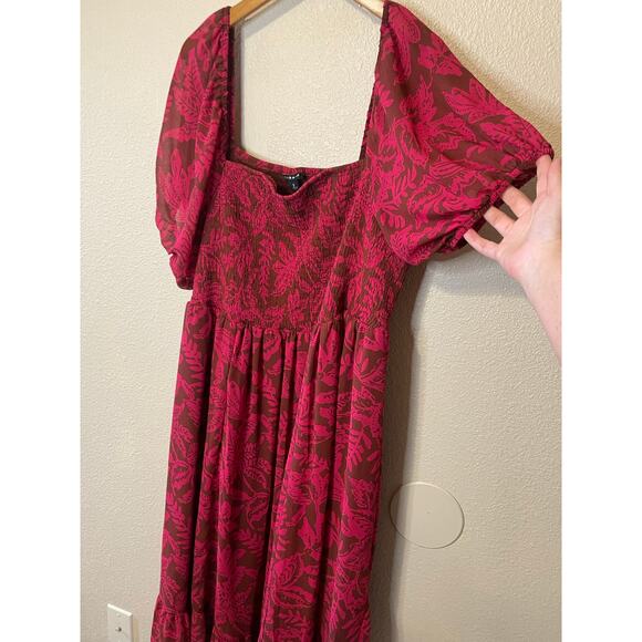 Torrid Cottage Core Smocked Bust Puff Sleeve Red Floral Midi Dress Size 2 (2X) - Picture 4 of 13